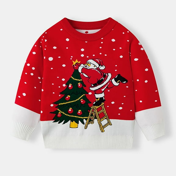 Kids Toddler Christmas Sweater 4 Years, Red Snowflake Santa Print, 100% Polyester Festive Holiday Pullover for 4-5 Year Olds