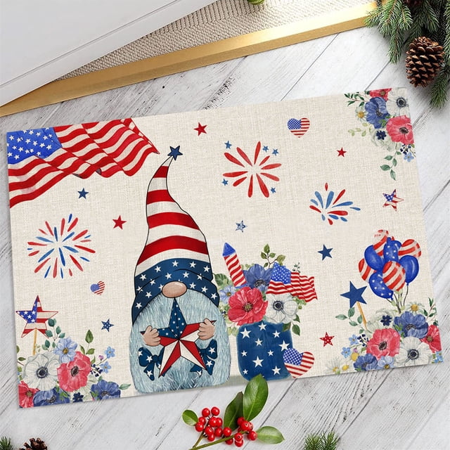 Aedtie Carpet,Polyester Carpet,Independence Day Doormat Rustic American Patriotic Gnomes and Flag Colorful Floral Indoor Doormat 4 of July Patriotic Floor Mat Low Profile Rug for Home Office