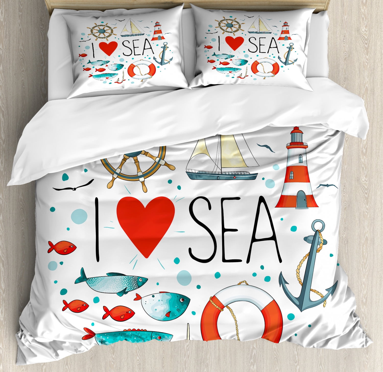 Nautical Queen Size Duvet Cover Set, "I Love Sea" Quote with Heart