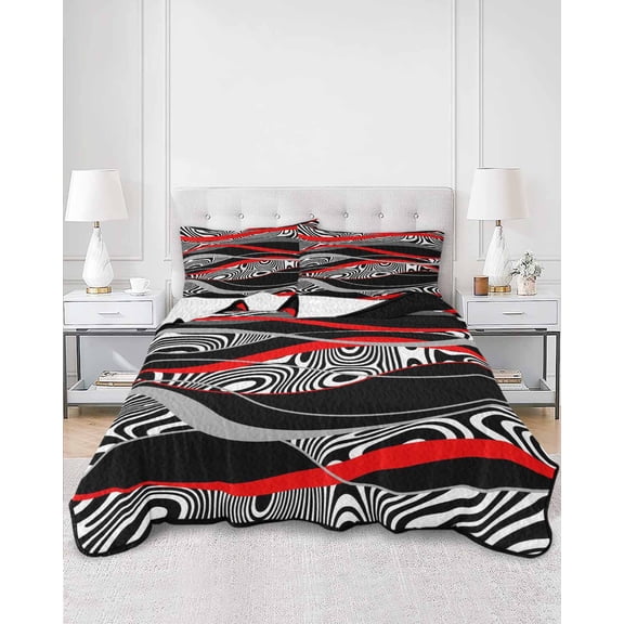 Quilts Twin XL Size, Red Black Stripes Soft Comforter Bedding Set for Bed, Modern Gradient Abstract Lines Art Lightweight Quilted Bedspread with Pillow Cover(2 Pieces) for All Season, 68x98 Inch