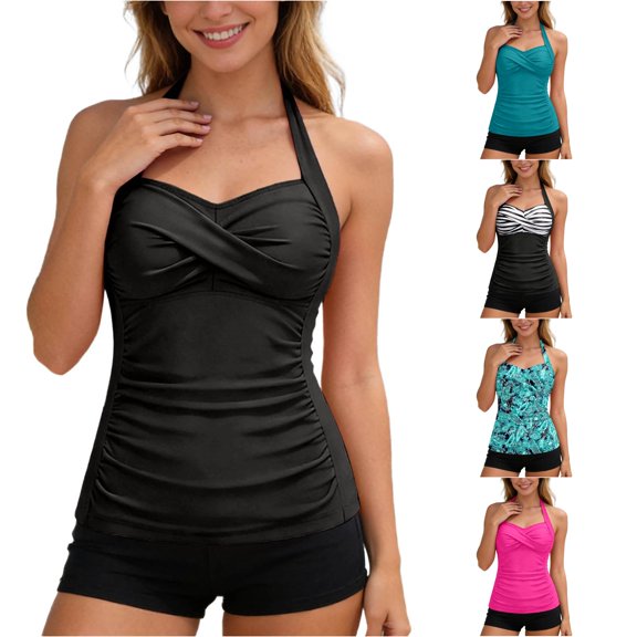 ZHOGXU Womens Tankinis Top Sleeveless Halter Neck Solid Color Comfortable Stylish Swimwears Swimsuits For Holiday Vacation Beach,Black1,Xl