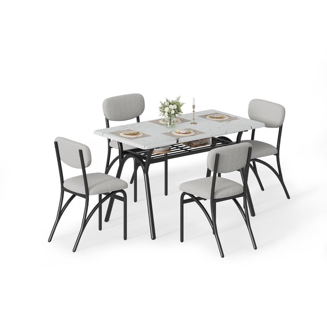 QinaQin Five-Piece Modern Apartment Dining and Chair Set, Including a Small Rectangular Dining Table with Storage Shelves and Four Upholstered Chairs, Is Ideal for a Breakfast Nook