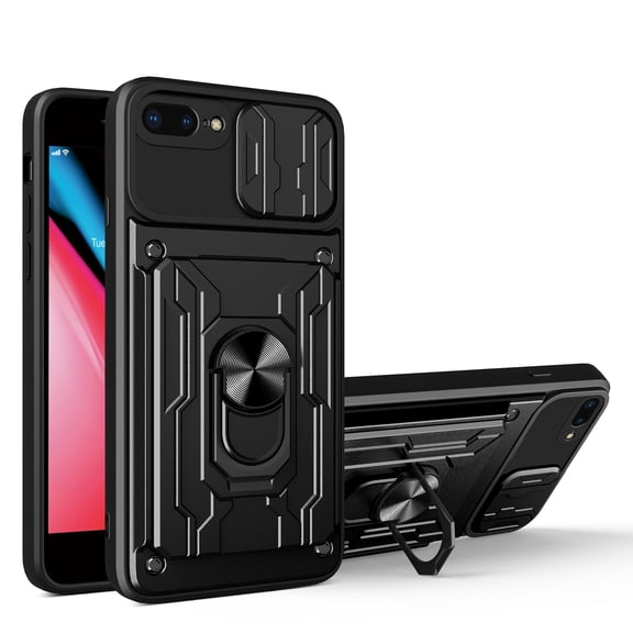 JTCASES for iPhone 7 Plus/8 Plus Case, Slide Camera Window Card Slot Rotating Ring Bracket TPU Soft Shell & PC Backplane Car Mount Hybird Heavy Duty Shockproof Shell, Black