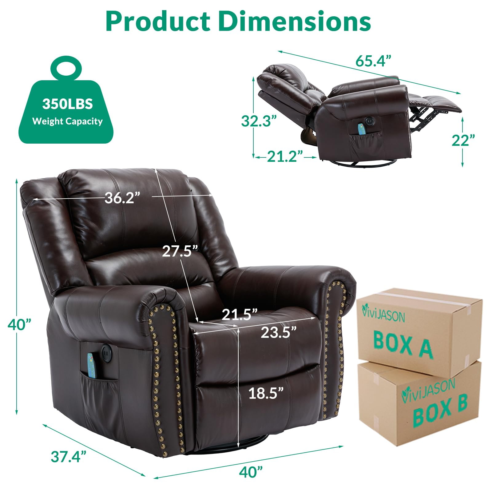 VIVIJASON Massage Swivel Rocker Recliner Chair with Heat & Vibration, 360° Swivel Manual Glider Rocking Reclining Chair with 2 Remote Controls, Side Pockets & USB Ports for Living Room, Brown