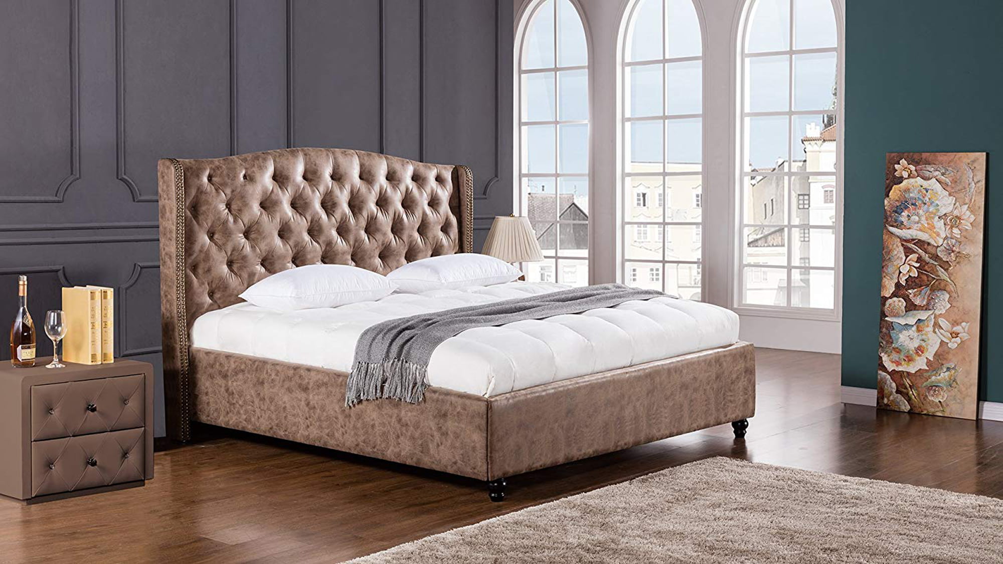 Leatherette Upholstered Wooden California King Size Bed with Tufted