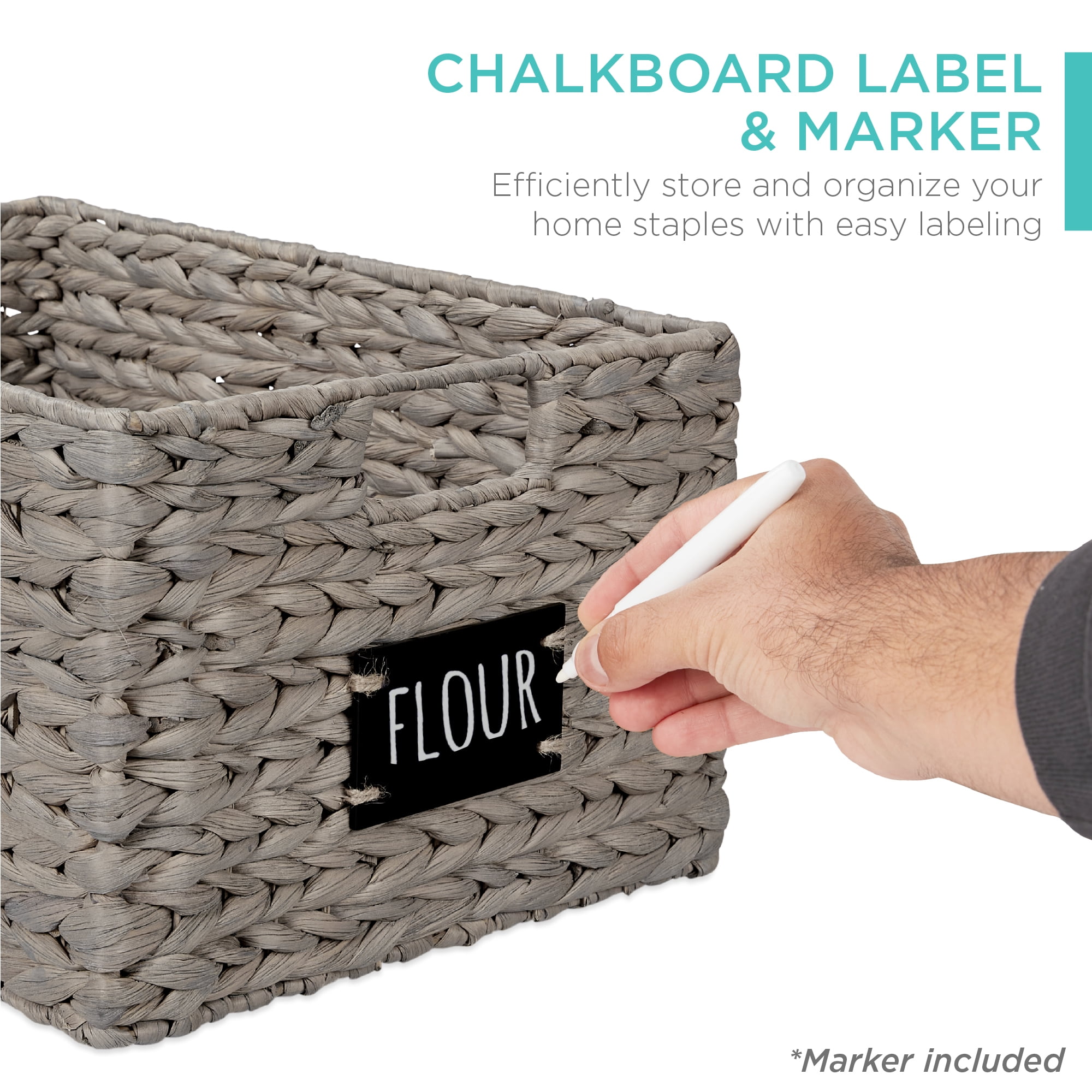 Best Choice Products Set of 2 16in Woven Water Hyacinth Pantry Baskets w/ Chalkboard Label, Chalk Marker - Gray