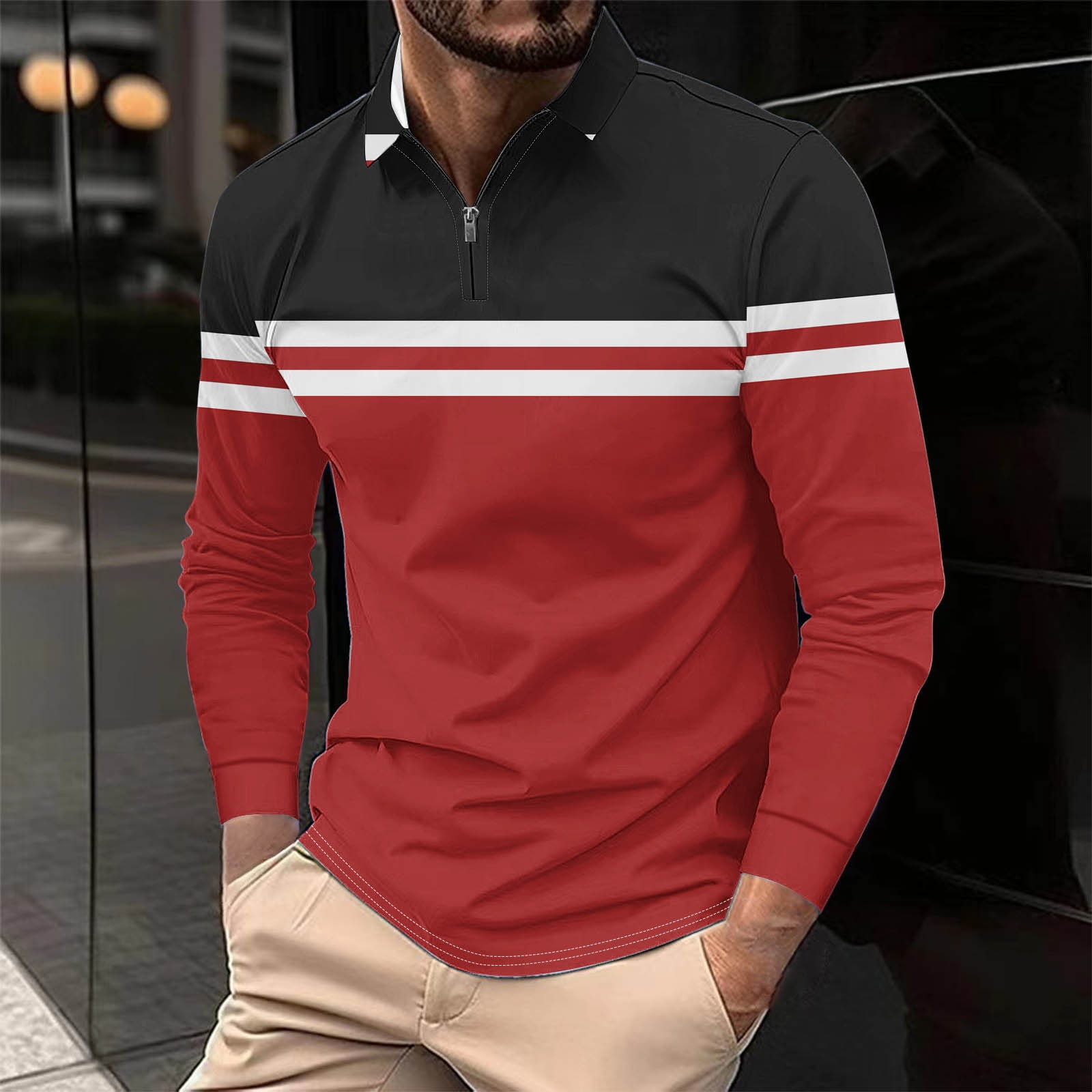 Handshe Men's Polo Shirt, Casual Loose Fit with Zip-Up Striped