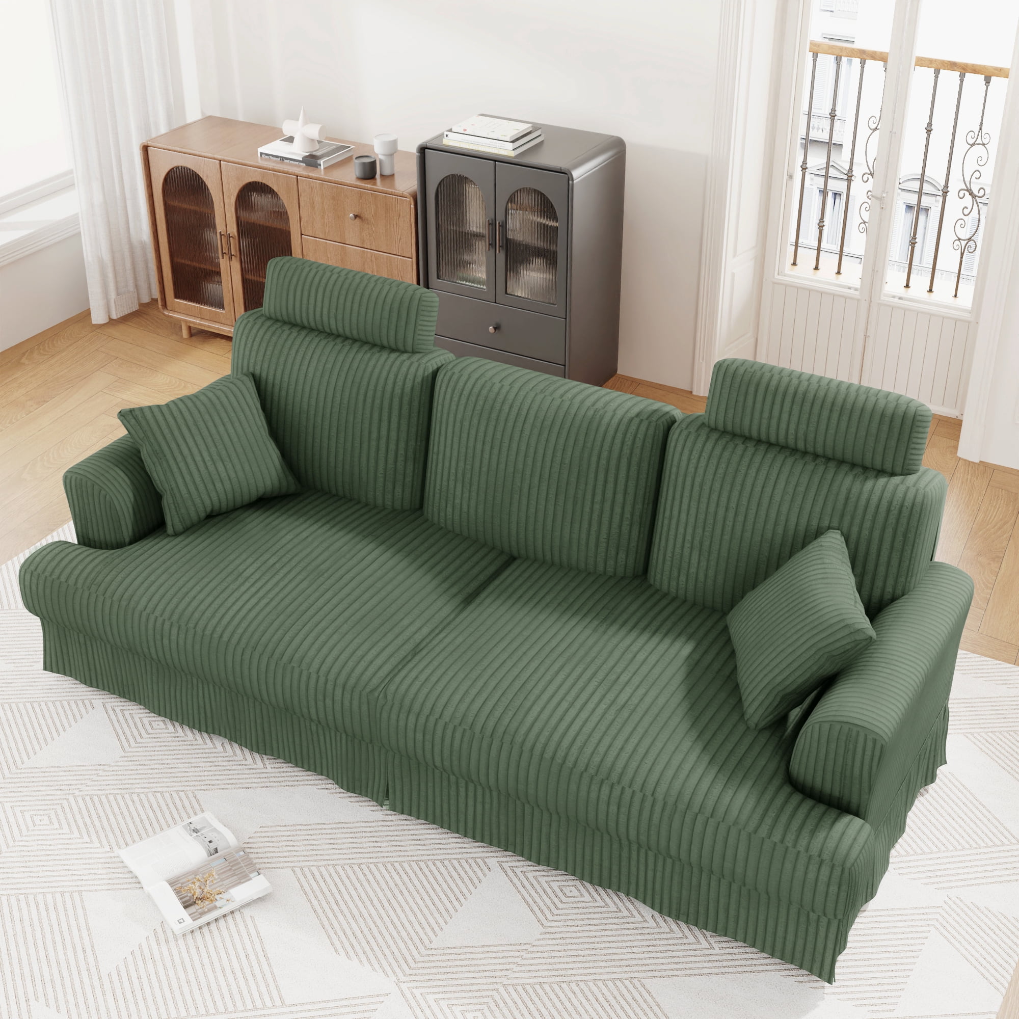 87.5" Corduroy Sofa Couch for Living Room, 3 Seater Sofa in a Box, Headrest, 2 Pillows,Green