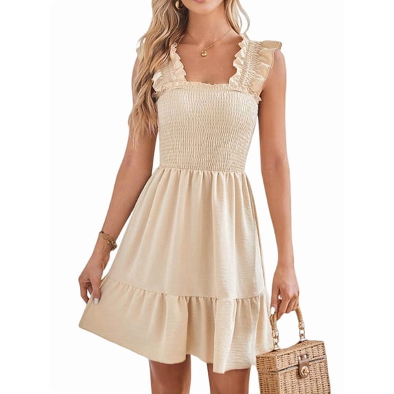 Women'S Summer Casual Sleeveless Square Neck Dress Smocked Ruffle Backless Boho Beach Cute Teen Short Sundress