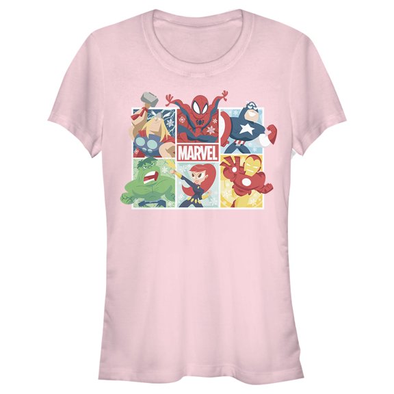 Junior's Marvel Winter Holiday Heroes  Graphic Tee Light Pink X Large