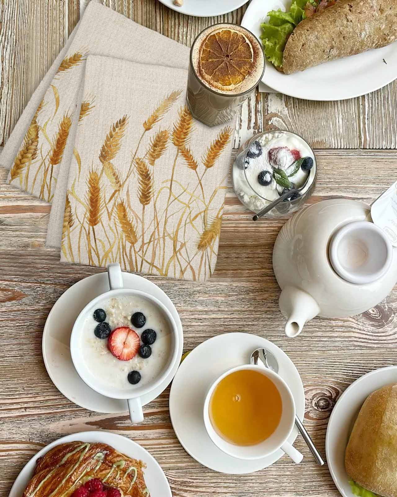 Fall Wheat Kitchen Dish Towels for Drying Dishes Set of 2, Autum Botanical Rustic Yellow Orange Waffle Weave Microfiber Hand Tea Bathroom Towels Quick Dry & Absorbent Towel 15.7x23.6