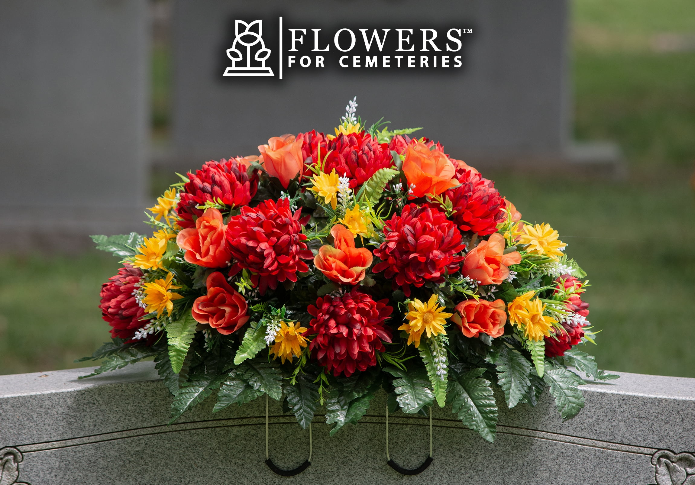 Sympathy Silks Artificial Cemetery Flowers - Burgundy Mum and Orange Rose Saddle for Headstone