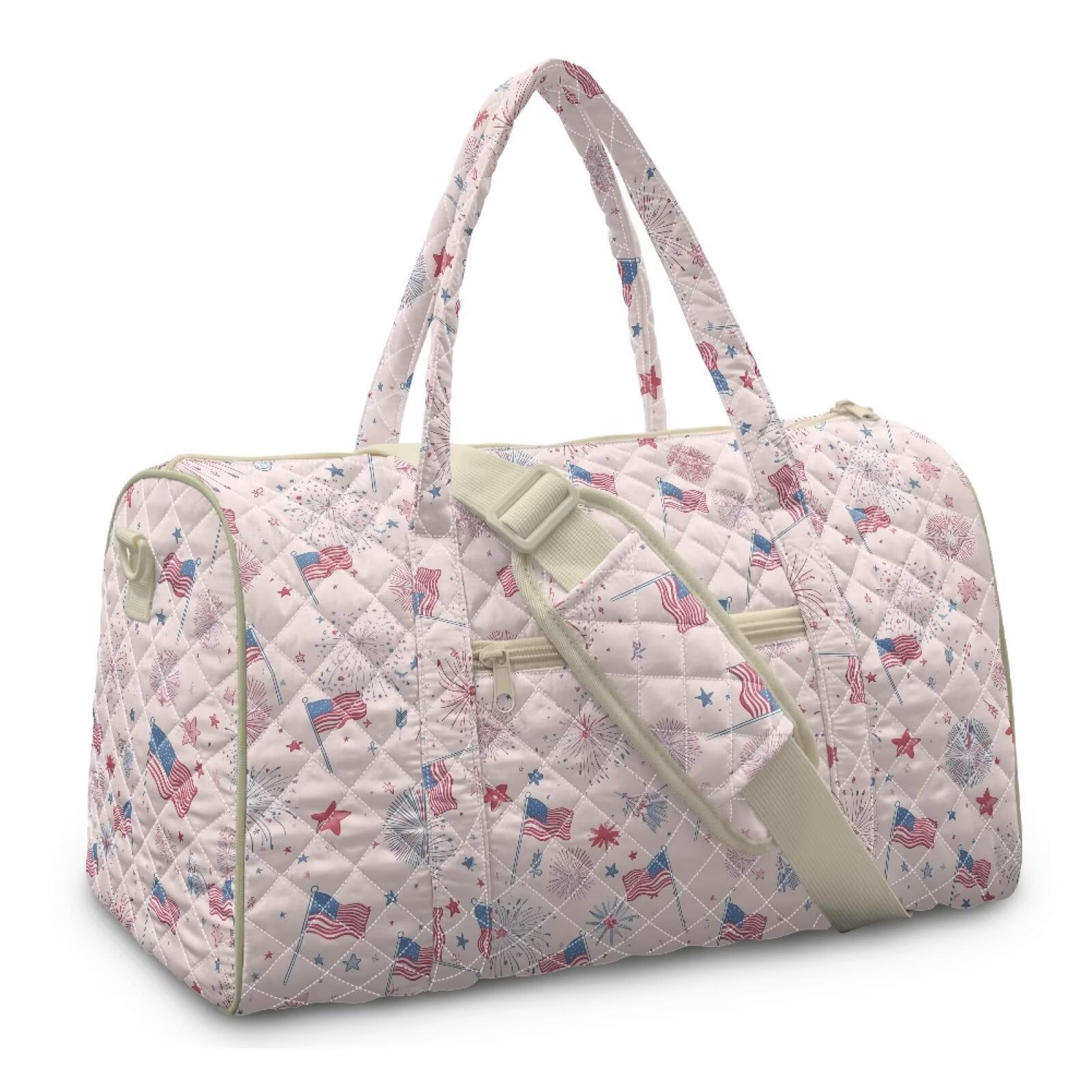 Xixirimido American Flags Firework Pink Print Women Quilted Travel Duffle Bag Duffel Overnight Bags Large Carry on Tote Bag Weekender Traveling Yoga Gym Hospital Bag