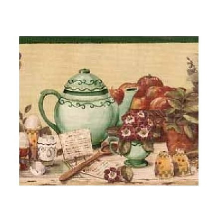 Dark Green Tea Pot and Fruits Wallpaper Border, Prepasted: Paste has already been applied to the back of the wallpaper and is activated with water. By Warner Manufacturing From (Best Way To Remove Wallpaper Border From A Painted Wall)