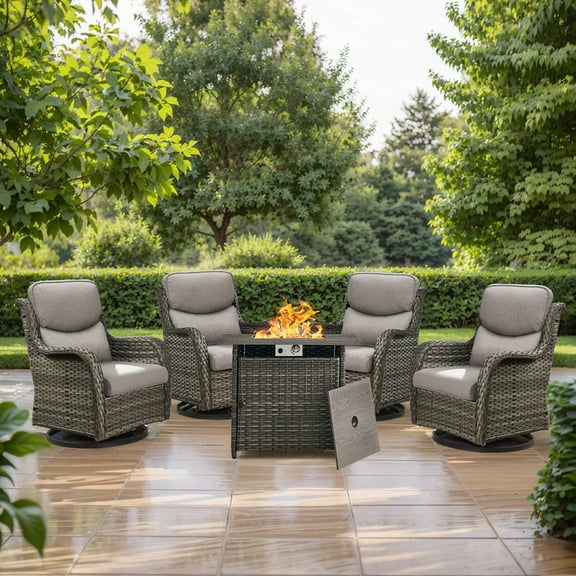 PARKWELL 5 Piece Patio Furniture Set with 4 Wicker Chairs Swivel Glider and 1 Fire Pit Table,Outdoor All Weather Rattan Conversation Set for Front Porch Deck,Gray/Gray
