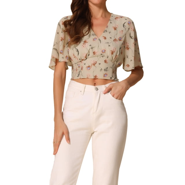INSPIRAR CHIC Blusas Cortas de Manga Corta con Cuello en V de Verano con Estampado Floral XS Amarillo Claro