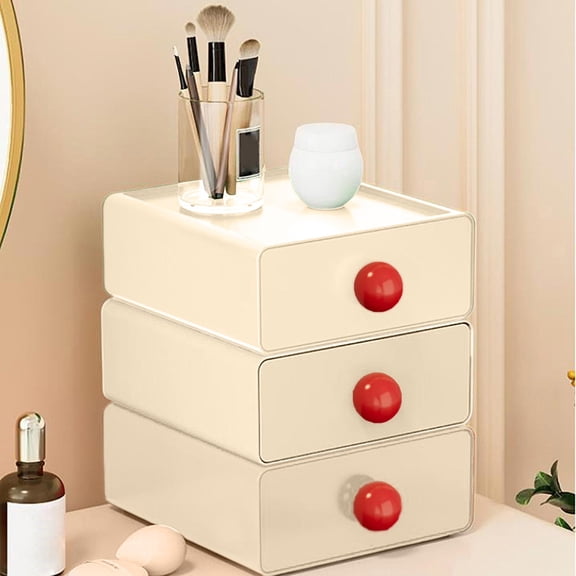 Desktop Drawer Organizer with Knobs, 7.9 Inch Plastic Makeup Storage Box, Stackable Modular Stationery Case at Home Office Workspace and Vanity Decor