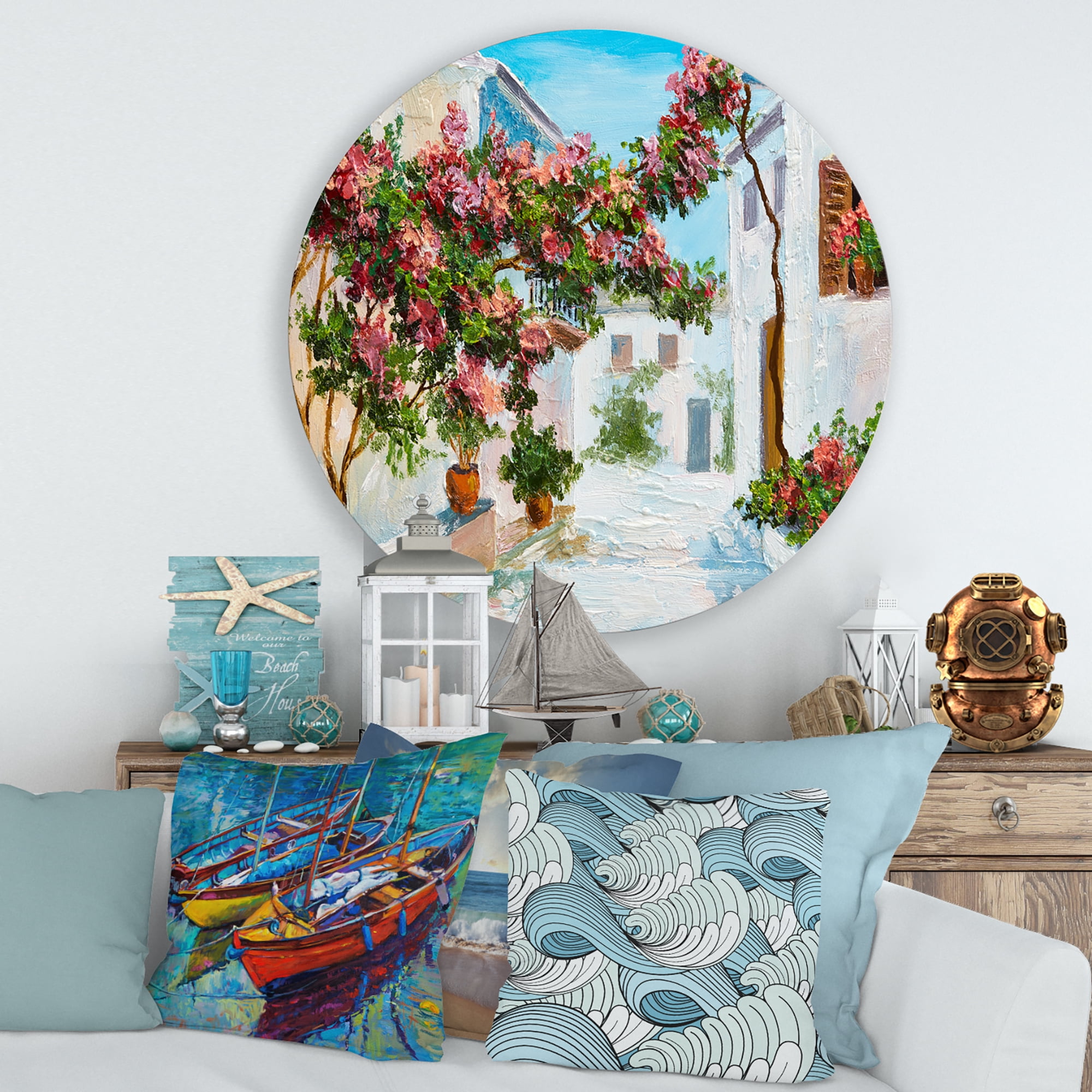 Designart 'Blossoming Flowers With White House Near The Sea' Nautical & Coastal Circle Metal Wall Art 29x29 - Disc of 29