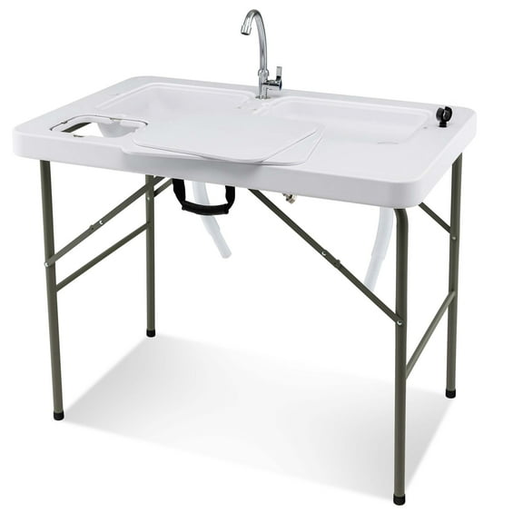 Costway Folding Fish Cleaning Table with 2 Built-in Sinks & 360°Rotatable Faucet