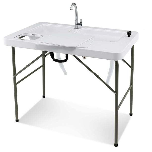 Costway Mesa de Limpieza de Pescado Portátil, Mesa Plegable con 2 Fregaderos y Grifo Giratorio, Soporte para Basura y Medidor, Estación de Limpieza de Pescado al Aire Libre para Camping, Pesca, Picnic