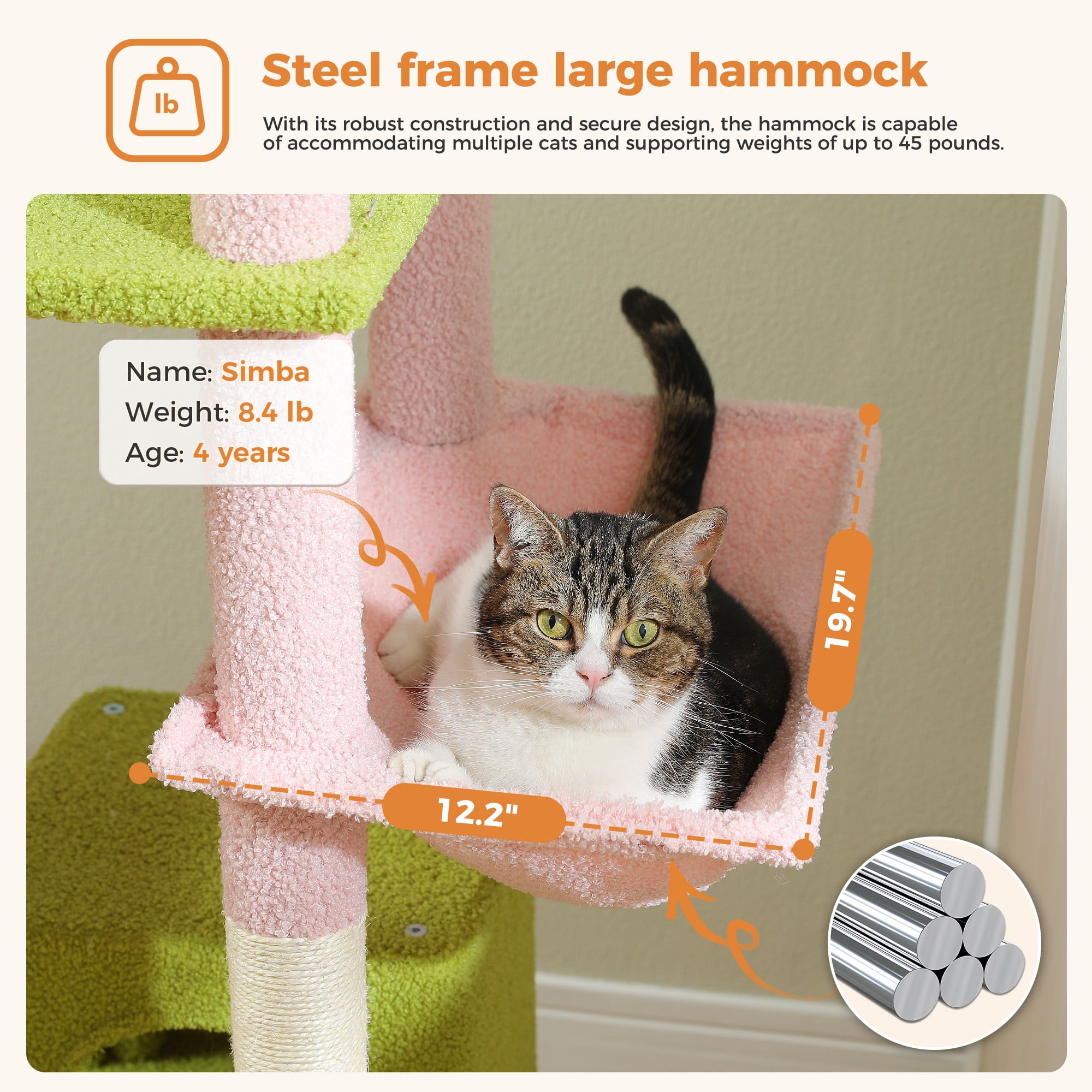 Kadyn 70" Large Cat Tree for Indoor Cats, Multi-Level Cat Tower Cat Scratching Post with 2 Perches, 2 Condos, Hammock and 2 Pompoms, Pink