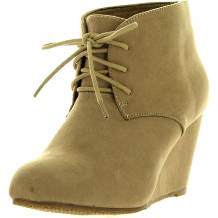 

ANNA SALLY-5 Womens Adorable Almond Toe Lace up Wedge Ankle Bootie Taupe 9