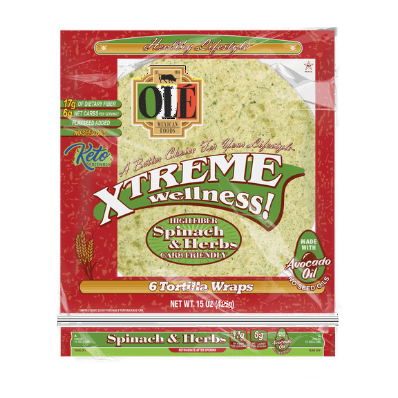 Olé Xtreme Wellness® Spinach & Herbs | 10" Size  Flour Tortillas |Carb Friendly |Keto Friendly | 15 oz.| 6 Count (Pack of 4)