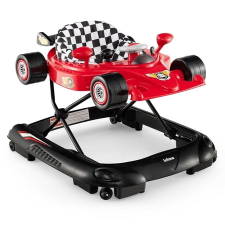 INFANS Foldable Baby Walker Toddler Activity Center Leaning-Seated Walk-Behind with Steering Wheel Adjustable Height Lights Music Washable Seat Cushion (Red)