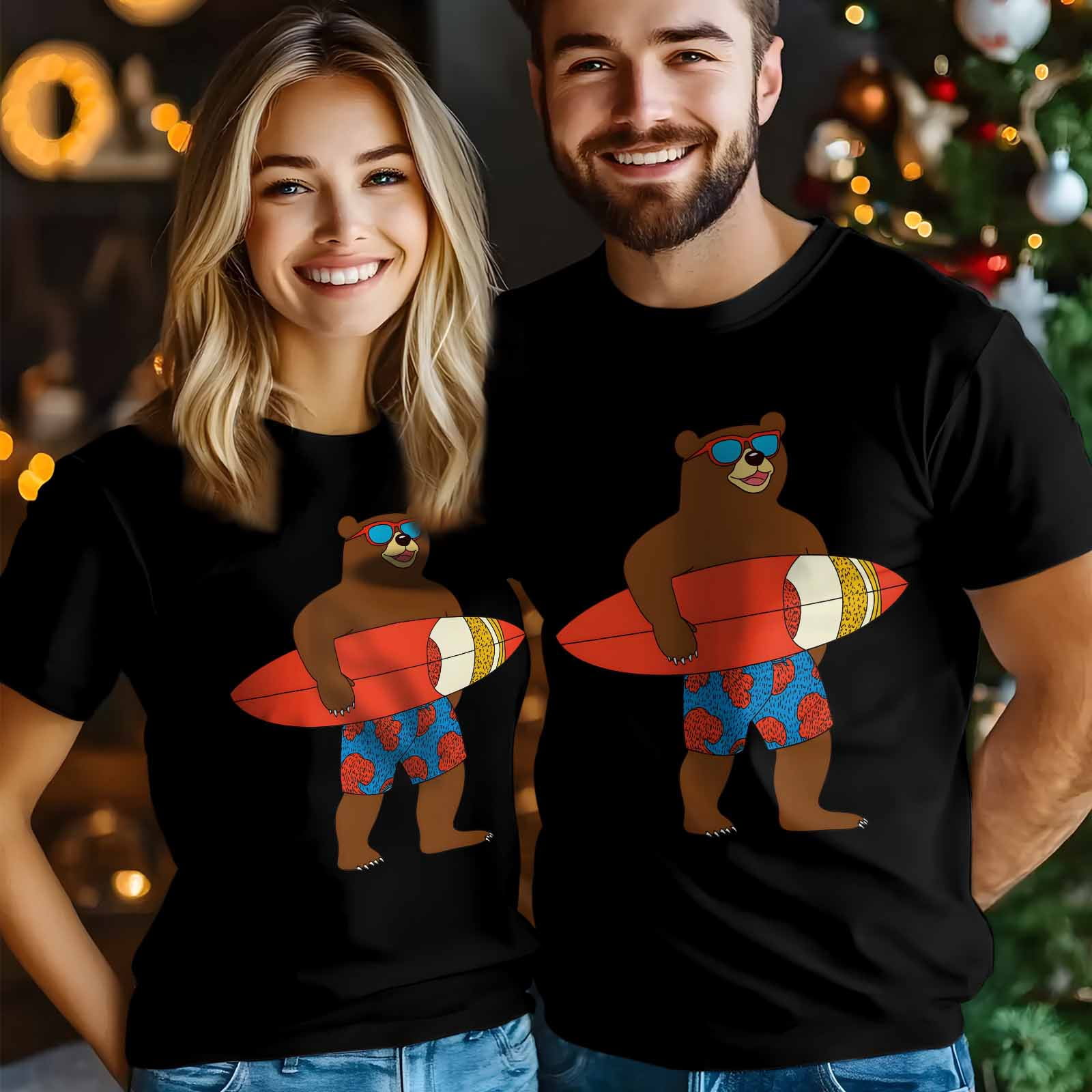 Surf Brown Bear Men's T Shirts Cartoon Bear with Glasses T-Shirt for Men Crew Neck Tees Cotton Tops Black, S