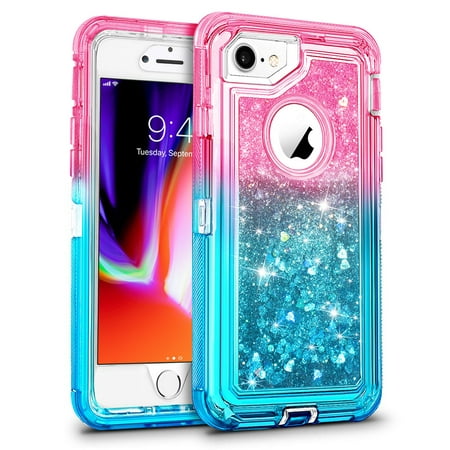 For Apple iPhone 8 / iPhone 7 / iPhone 6/6S Tough Defender Sparkling Liquid Glitter Heart Case Cover Blue