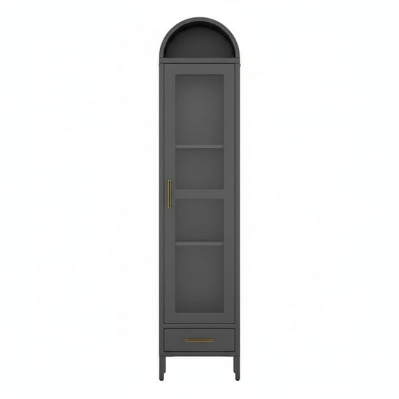 TROPOW 73 in Tall Narrow Arched Bookcase, Metal Arched Storage Cabinet with Glass Door & Drawer, Modern Black Pantry Cabinet for Living Room, Kitchen, Office - Easy Assembly