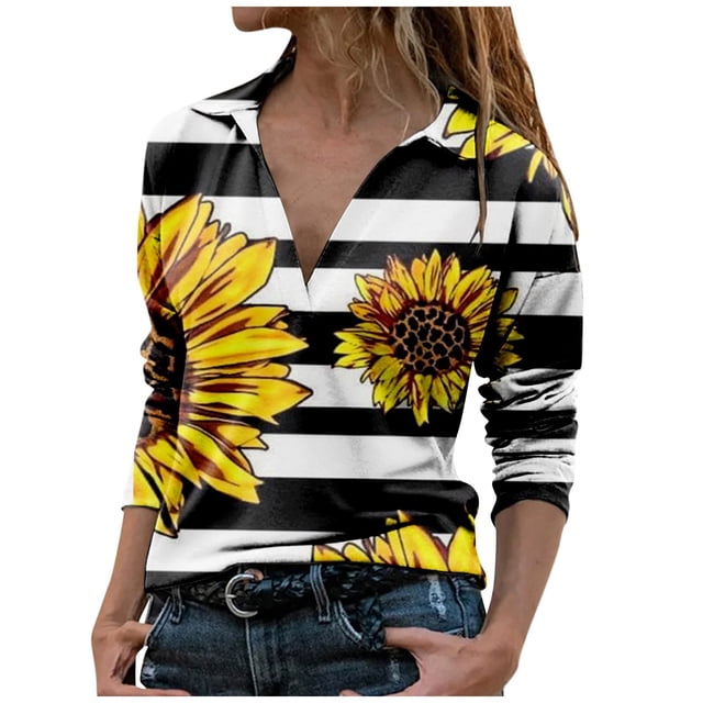 Camiseta holgada estampada a la moda para mujer, blusa de manga larga, Tops informales con solapa Pompotops FGAJ21517