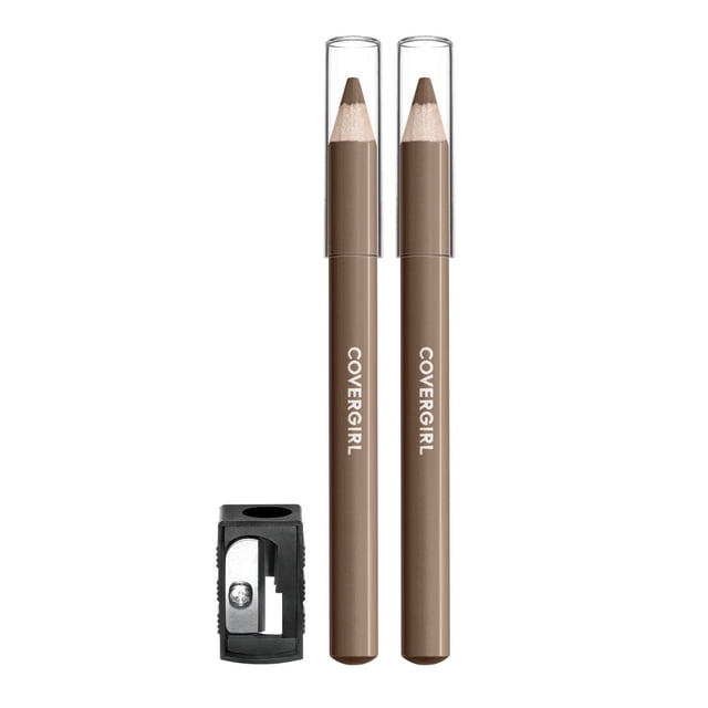 COVERGIRL Easy Breezy Brow Fill + Define Brow Pencil showing two brown eyebrow pencils with clear caps and a black built-in sharpener, featuring a micro-fine tip for precise, long-lasting, deeply pigmented brow definition suitable for detailed shaping.