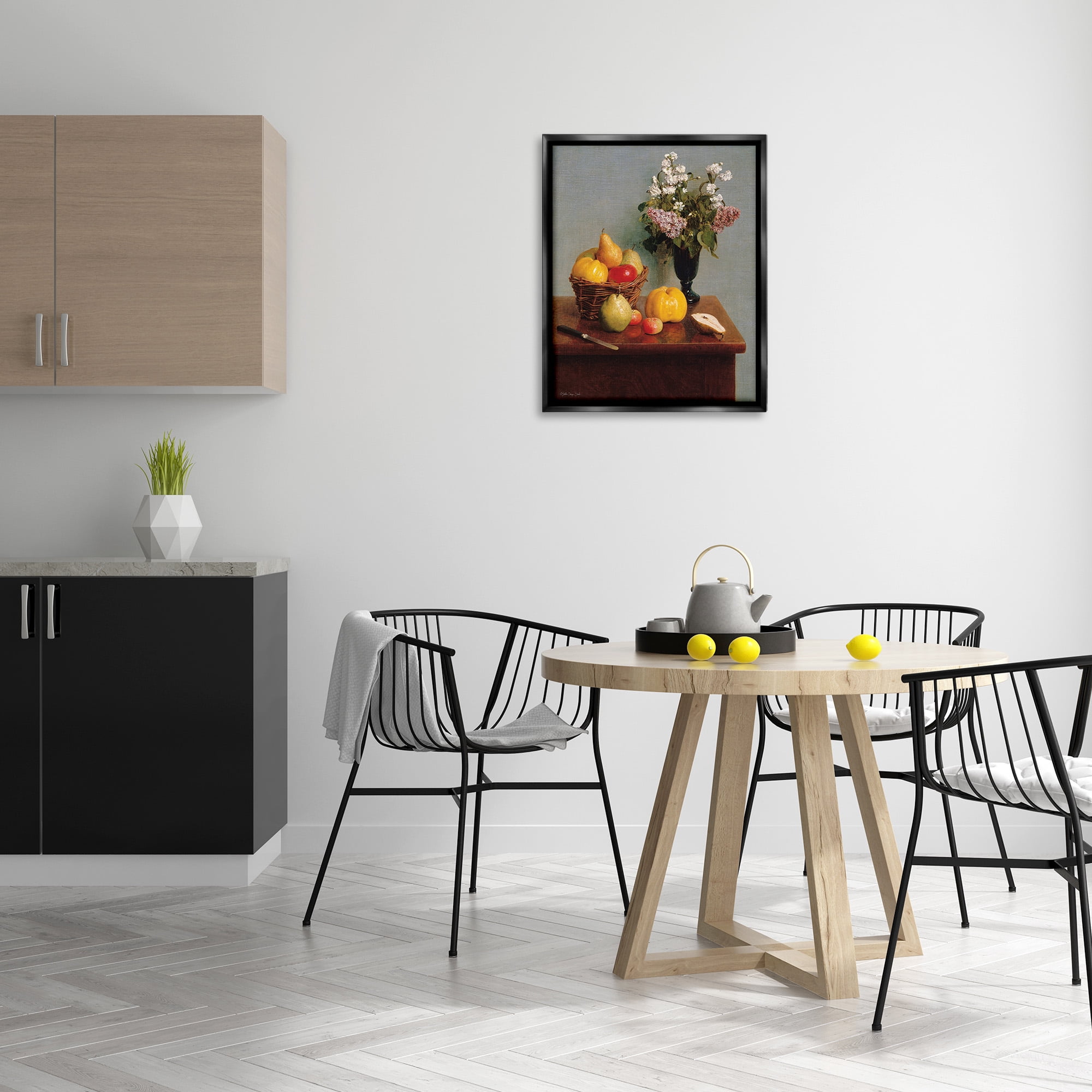 Stupell Industries Fruit & Flowers Still Life Food & Beverage Painting Black Floater Framed Canvas Art Print Wall Art, 25 x 31