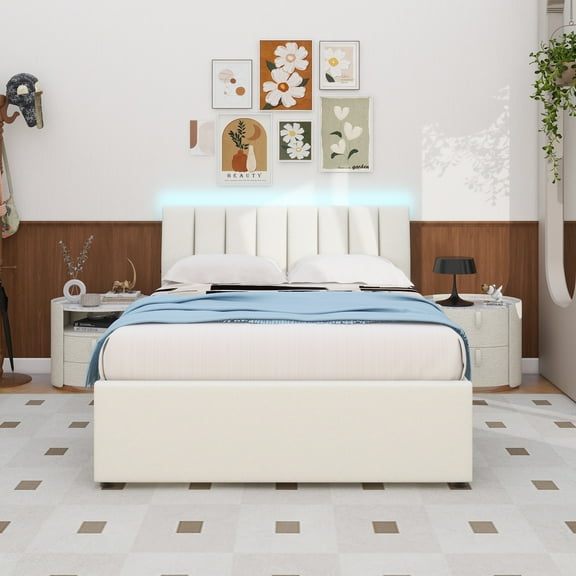 Teddy Fleece Full Size Upholstered Platform Bed with Twin size Trundle, Beige