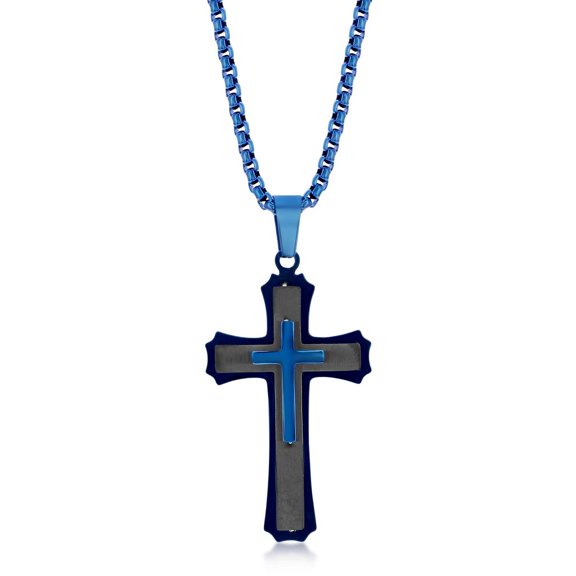 Men’s 3D Cross Pedant Necklace | Black & Blue Stainless Steel 24” Round Box Chain Necklace | Religious Jewelry for First Communion, Baptism, or Confirmation