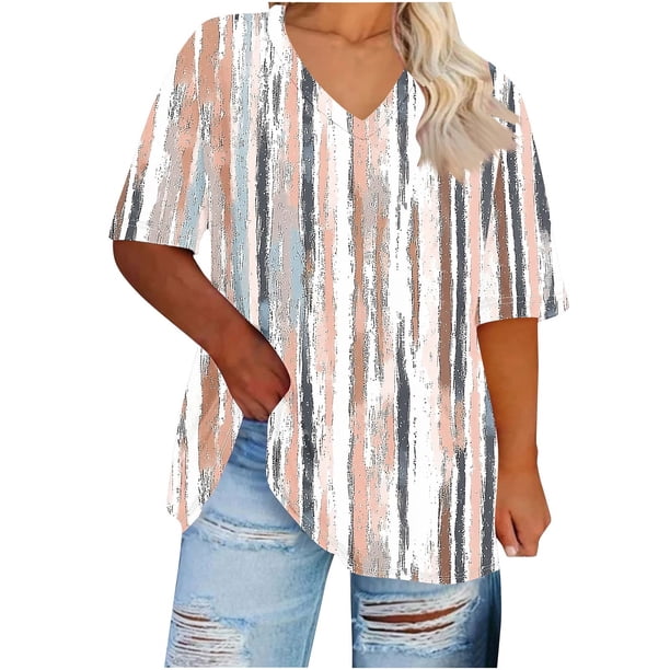 Hecho para Más Camisa de las Mujeres, Manga Corta con Cuello en V de Tamaño Más Grande, Camisa de Base de Impresión para las Mujeres