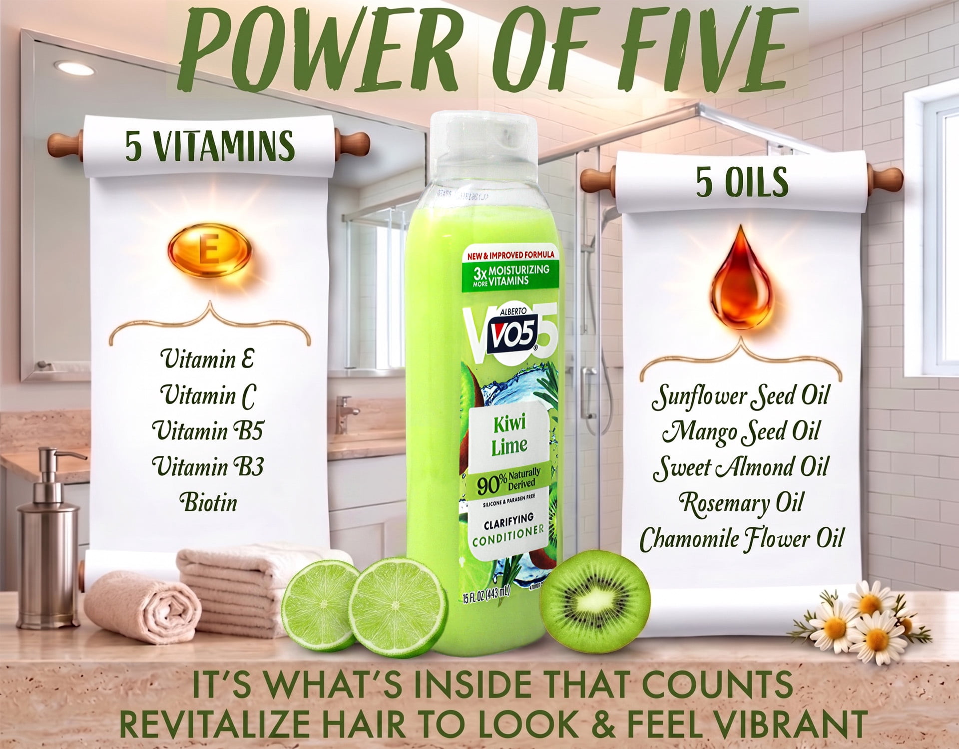(4 pack) Alberto VO5 Kiwi Lime Clarifying & Nourishing Daily Hair Conditioner with Vitamin E & C, 15 fl oz