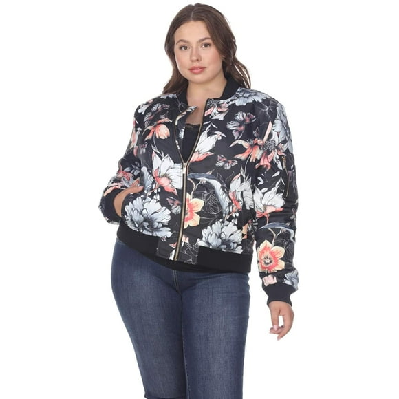 white mark PSF893-22-2XL Womens Plus Size Floral Bomber Jacket44 Black - 2XL