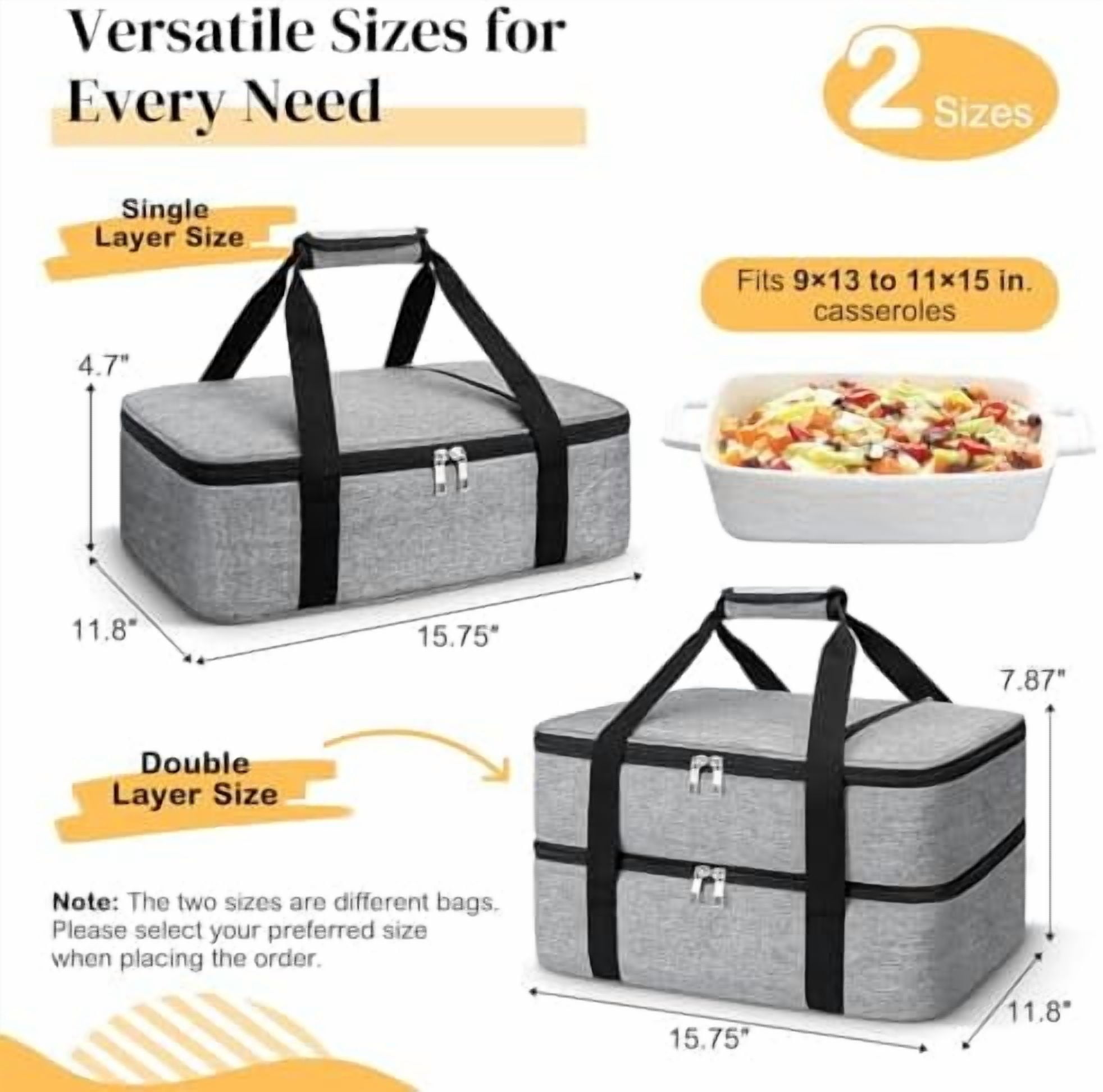 Insulated Casserole Carrier – Portable Tote for Hot or Cold Food, Warmer & Cooler Bag Lunch Bag, Fits 9" x 13" Baking Dish, Ideal for Potluck Parties – Grey