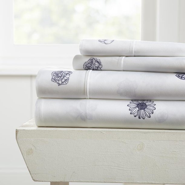 Noble Linens 4Piece Sheet Set Indigo Floral Patterned