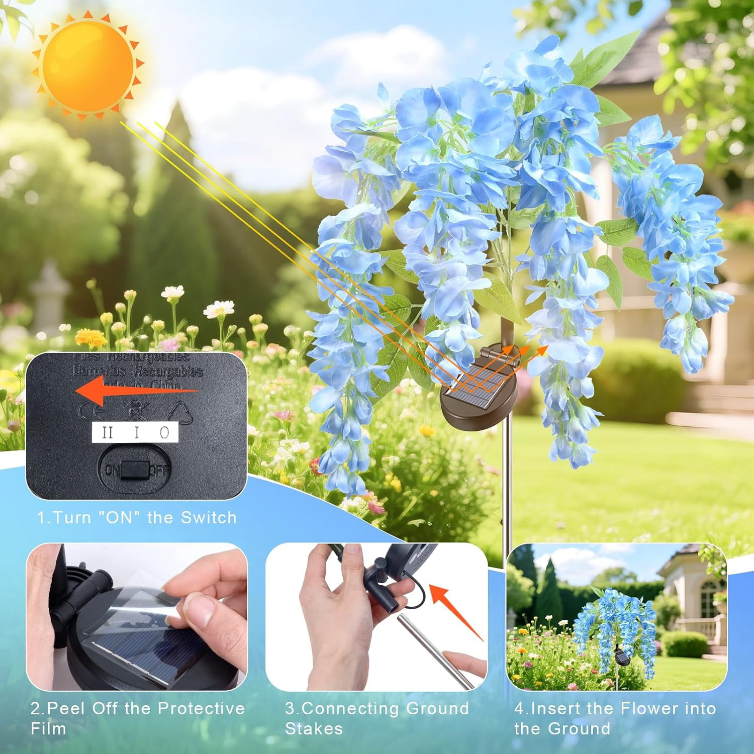 Ninonly Solar Garden Lights, 2-Pack Solar Pathway Lights, 2 Lighting Modes, Solar Wisteria Flower Lights Outdoor, Waterproof, for Landscape, Courtyard, and Lawn Decor