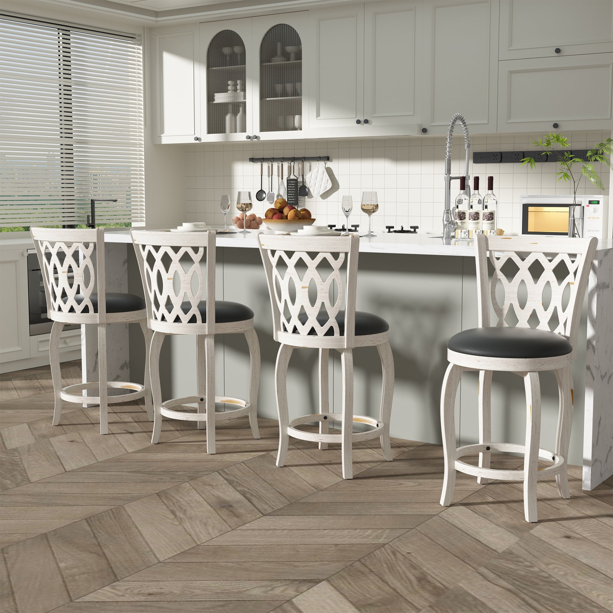 Joywind 24" Counter Height Swivel Bar Stools with High Back, Upholstered Seat & Solid Wood Footrest, White, Set of 2
