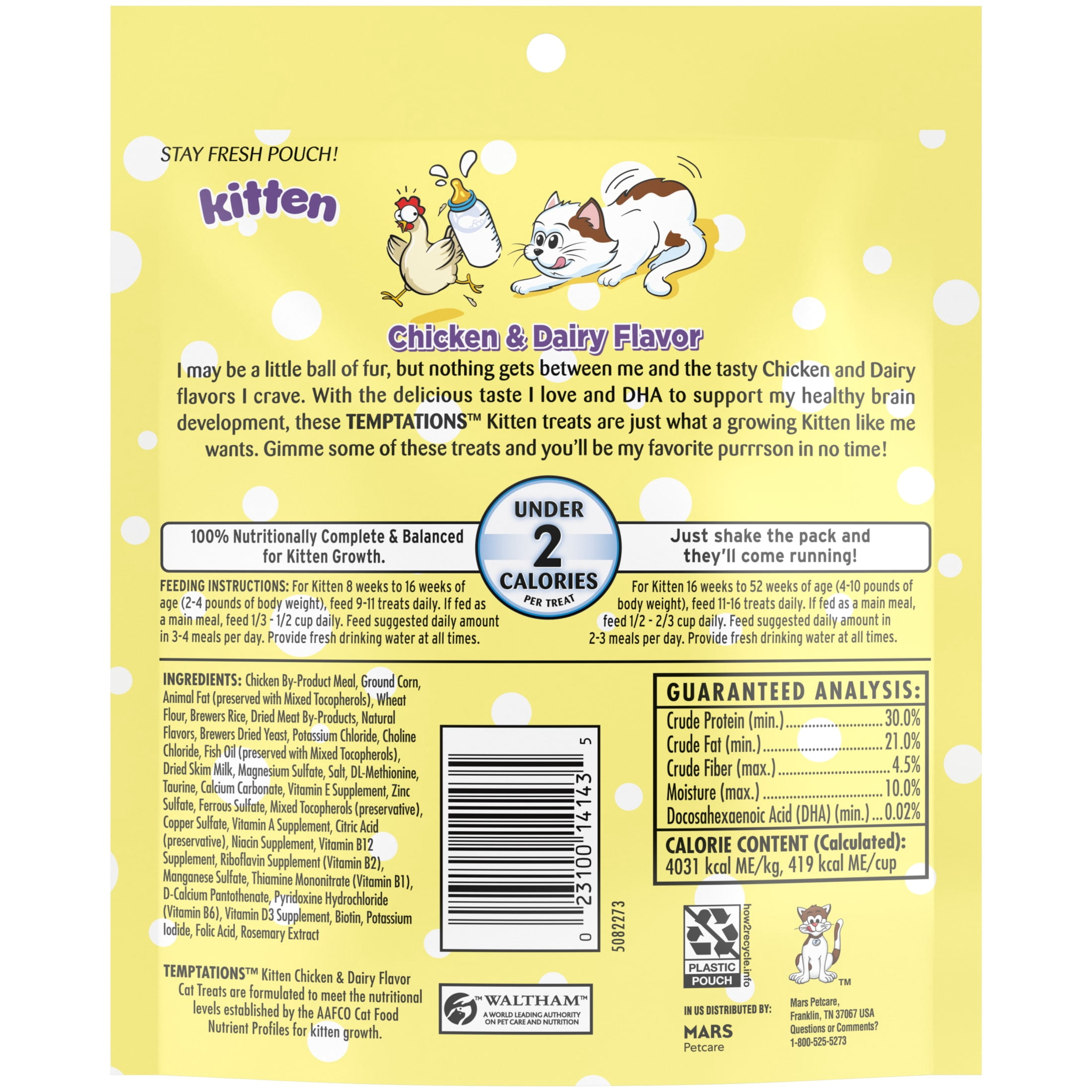 (6 pack) Temptations Kitten Chicken And Dairy Flavor Crunchy And Soft Treats For Kittens, 6.3 Oz Pouch