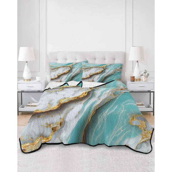 Quilts Queen Size, Turquoise Marble Soft Comforter Bedding Set for Bed, Modern Abstract Gold Stripes Art Lightweight Quilted Bedspread with Pillow Cover(2 Pieces) for All Season, 90x96 Inch