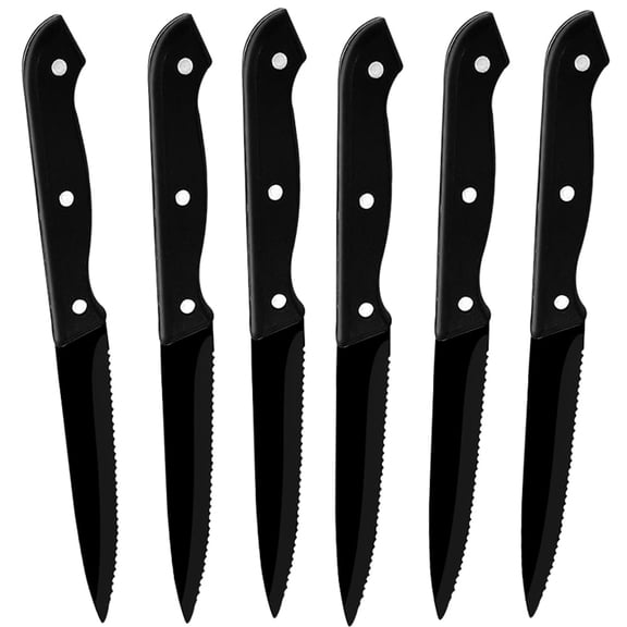 MYVIT Black Steak Knives Set 6-Piece Stainless Steel Serrated Knife for Meat Cutting Dishwasher Safe Kitchen Knife