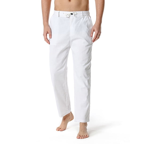 Pantalones largos de lino y algodón para hombre con cintura elástica y cordón ajustable. Pantalones casuales de uso diario. Pantalones rectos. Pantalones deportivos. Pantalones de lino para hombre.