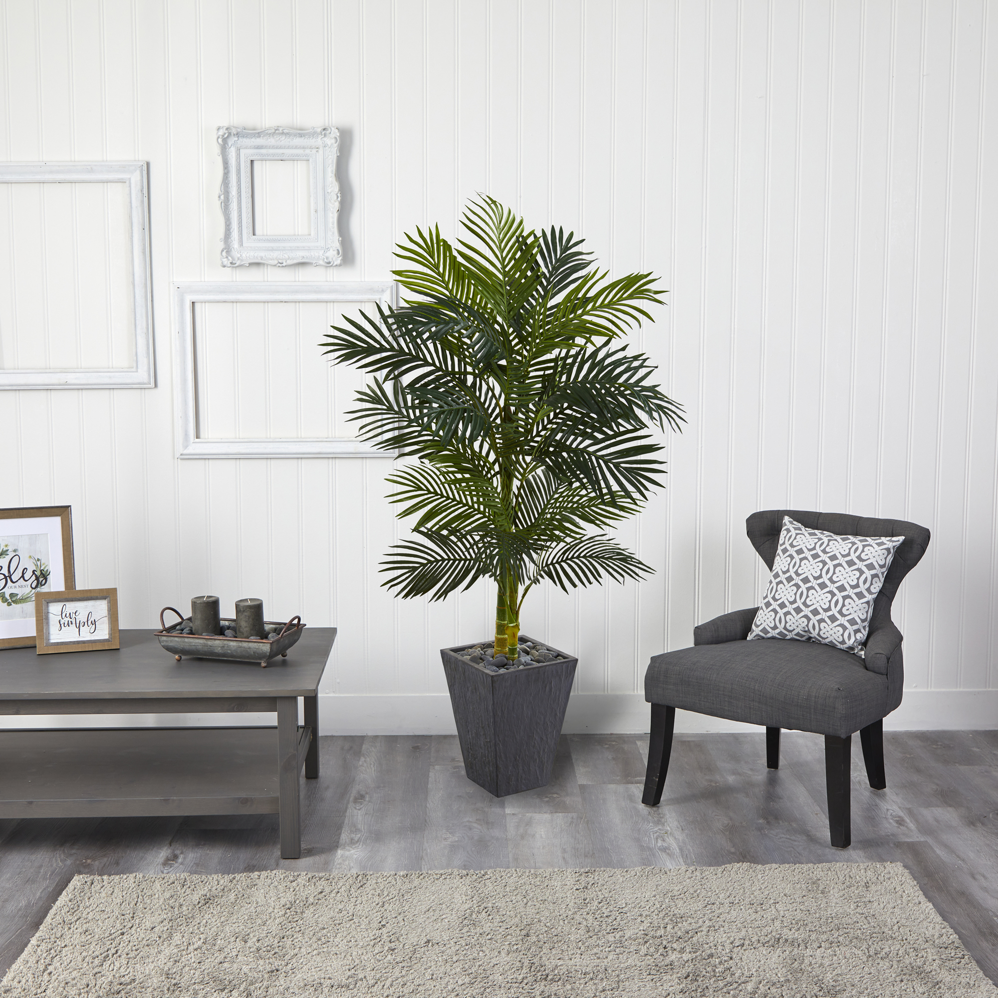 Nearly Natural 62" Golden Cane Artificial Palm Tree in Slate Planter