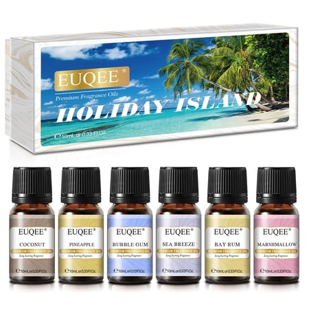 EUQEE 6PCS Holiday Island Fragrance Oils Set Summer Fragrance Oils for Humidifier Aromarathepy – 10ml – Pineapple Coconut Sea Breeze Bubble Gum Bay Rum Marshmallow