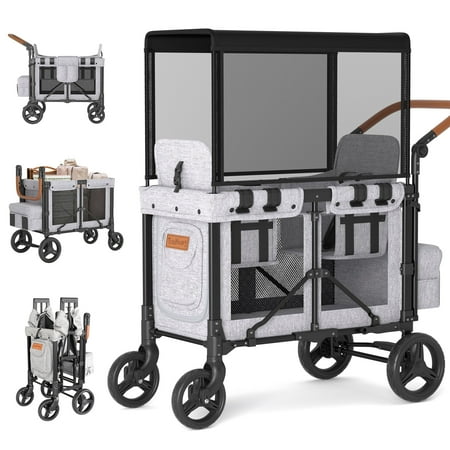 TouHeart Wagon Stroller for 2 Kids with Canopy, Removable Seats, 5-Point Harness, Gray